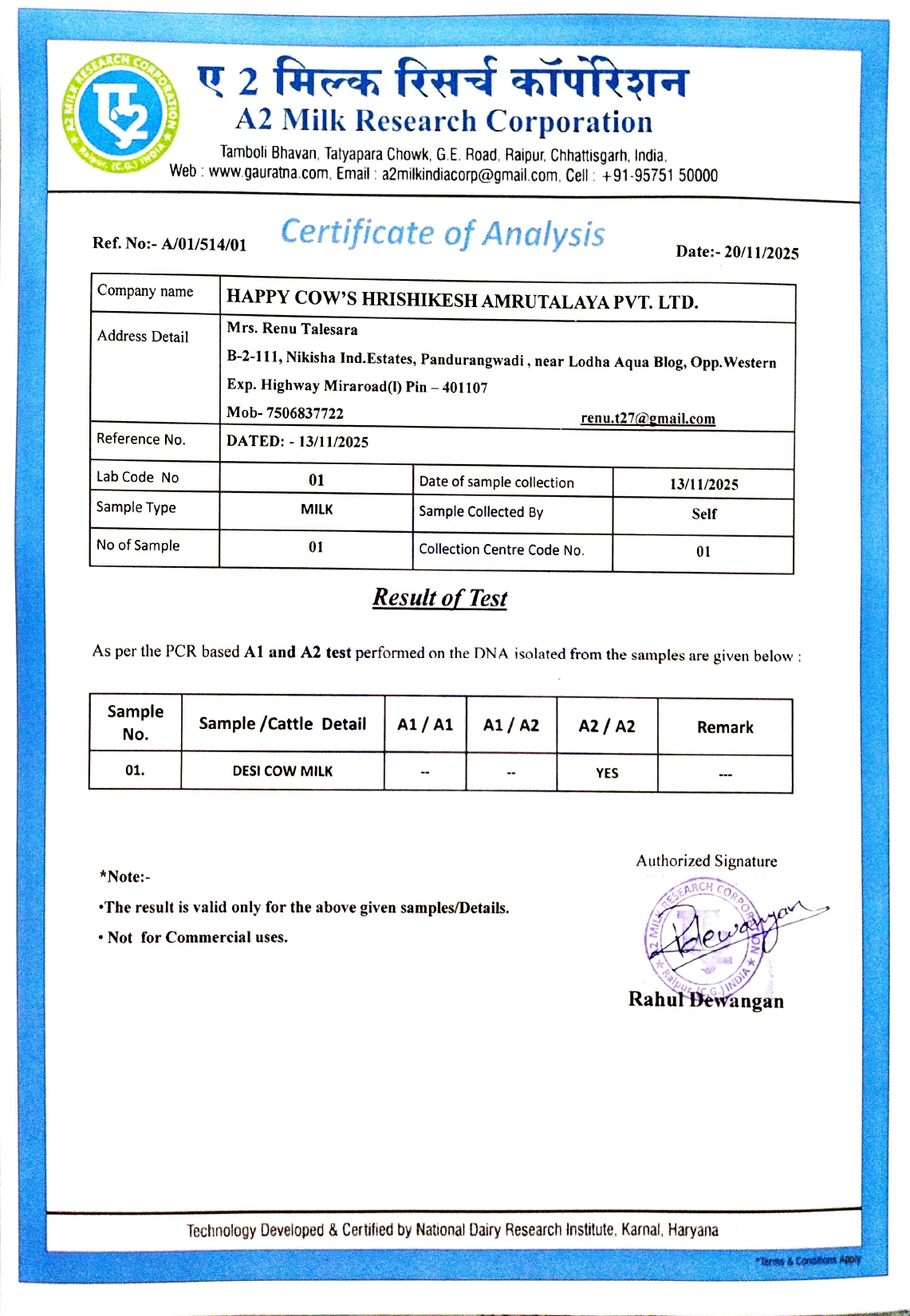 A2 Milk Certification Report