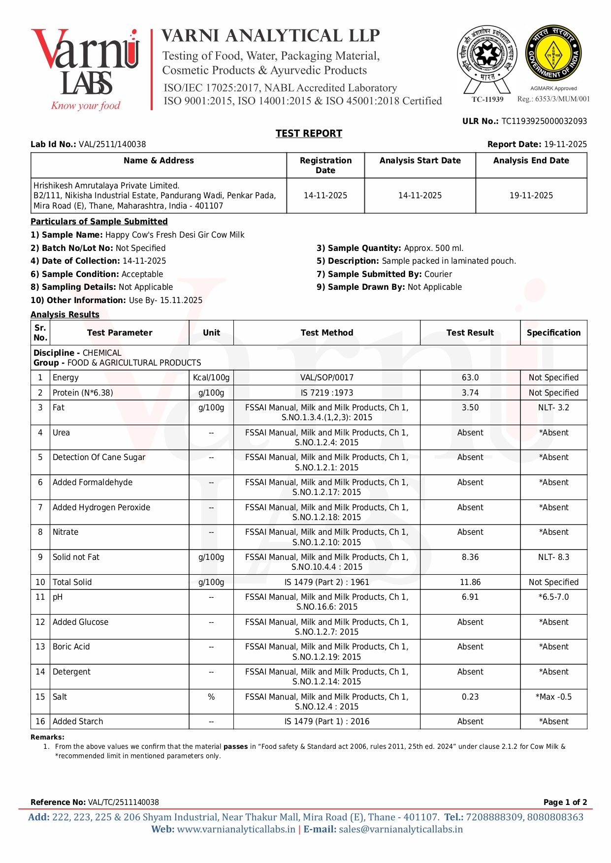 A2 Milk Certification Certificate